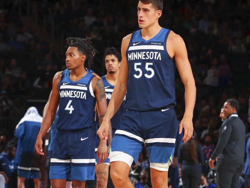 NEW YORK, NY - OCTOBER 13: Luka Garza #55 of the Minnesota Timberwolves looks on during the game on October 13, 2024 at Madison Square Garden in New York City, New York.  NOTE TO USER: User expressly acknowledges and agrees that, by downloading and or using this photograph, User is consenting to the terms and conditions of the Getty Images License Agreement. Mandatory Copyright Notice: Copyright 2024 NBAE  (Photo by David L. Nemec/NBAE via Getty Images)