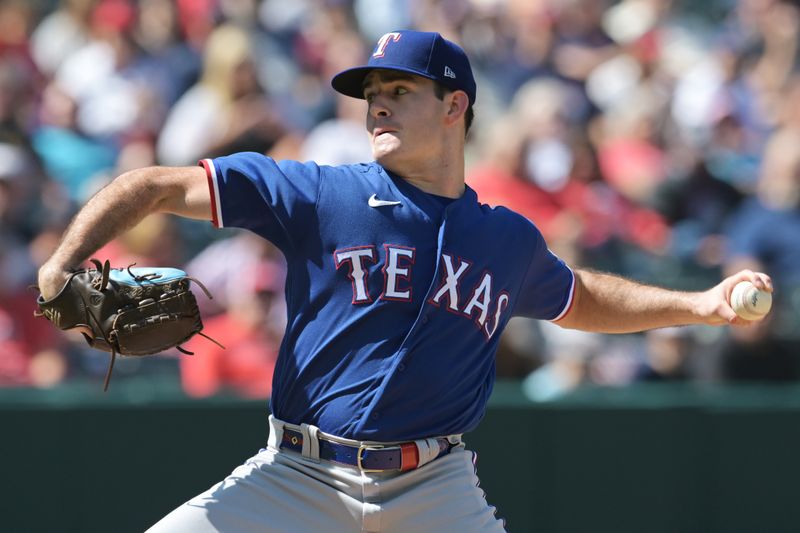 Sep 17, 2023; Cleveland, Ohio, USA; Texas Rangers starting pitcher Cody Bradford (61) throws a pitch during the first inning against the Cleveland Guardians at Progressive Field. Mandatory Credit: Ken Blaze-USA TODAY Sports