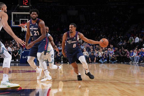 PHILADELPHIA, PA - DECEMBER 20: De'Anthony Melton #8 of the Philadelphia 76ers drives to the basket during the game against the Minnesota Timberwolves on December 20, 2023 at the Wells Fargo Center in Philadelphia, Pennsylvania NOTE TO USER: User expressly acknowledges and agrees that, by downloading and/or using this Photograph, user is consenting to the terms and conditions of the Getty Images License Agreement. Mandatory Copyright Notice: Copyright 2023 NBAE (Photo by Jesse D. Garrabrant/NBAE via Getty Images)