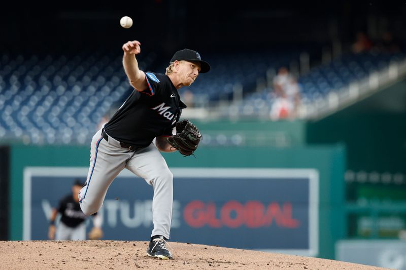 Sep 12, 2024; Washington, District of Columbia, USA; Miami Marlins starting pitcher Darren McCaughan (68) pitches /Wednesday/ during the first inning at Nationals Park. Mandatory Credit: Geoff Burke-Imagn Images