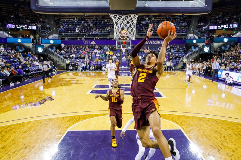 Jan 26, 2023; Seattle, Washington, USA; Arizona State Sun Devils guard Austin Nunez (2) shoots a fast break layup against the Washington Huskies during the second half at Alaska Airlines Arena at Hec Edmundson Pavilion. Mandatory Credit: Joe Nicholson-USA TODAY Sports