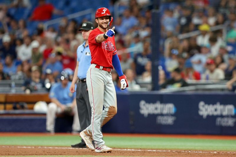 Jul 6, 2023; St. Petersburg, Florida, USA;  Philadelphia Phillies shortstop Trea Turner (7) reacts after hitting an rbi single against the Tampa Bay Rays in the eleventh inning at Tropicana Field. Mandatory Credit: Nathan Ray Seebeck-USA TODAY Sports