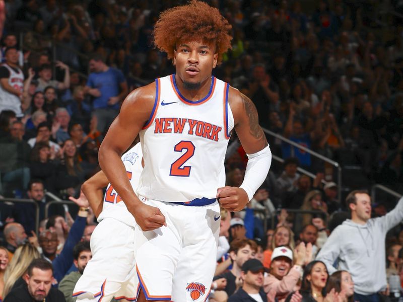 NEW YORK, NY - OCTOBER 13: Miles McBride #2 of the New York Knicks looks on during the game on October 13, 2024 at Madison Square Garden in New York City, New York.  NOTE TO USER: User expressly acknowledges and agrees that, by downloading and or using this photograph, User is consenting to the terms and conditions of the Getty Images License Agreement. Mandatory Copyright Notice: Copyright 2024 NBAE  (Photo by David L. Nemec/NBAE via Getty Images)