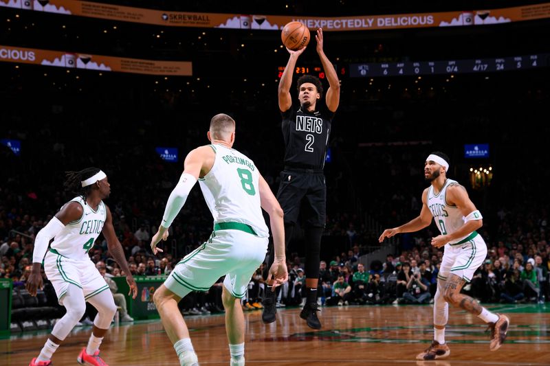 BOSTON, MA - FEBRUARY 14: Cameron Johnson #2 of the Brooklyn Nets shoots the ball during the game against the Boston Celtics on February 14, 2024 at the TD Garden in Boston, Massachusetts. NOTE TO USER: User expressly acknowledges and agrees that, by downloading and or using this photograph, User is consenting to the terms and conditions of the Getty Images License Agreement. Mandatory Copyright Notice: Copyright 2024 NBAE  (Photo by Brian Babineau/NBAE via Getty Images)