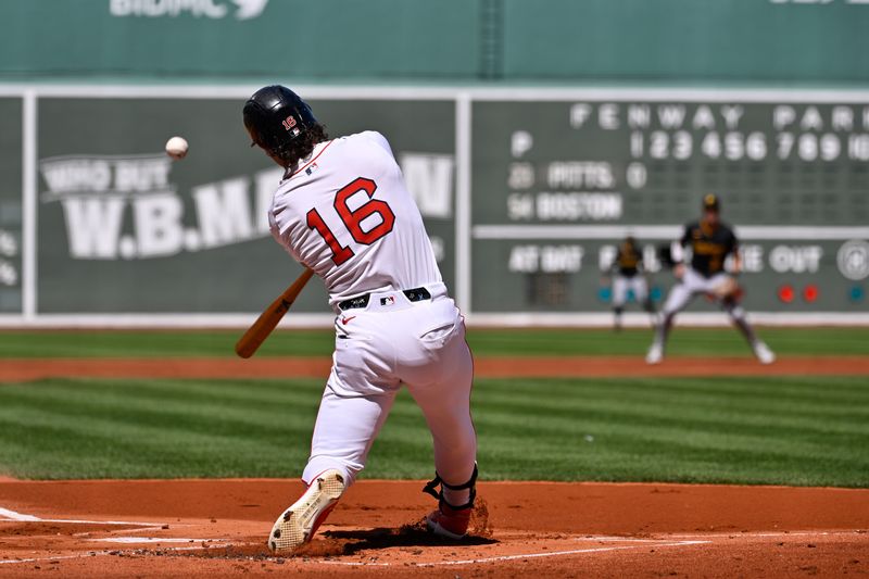Aug 31, 2025; Boston, Massachusetts, USA; Boston Red Sox left fielder Jarren Duran (16) hits a double against the Pittsburgh Pirates during the first inning at Fenway Park. Mandatory Credit: Eric Canha-Imagn Images