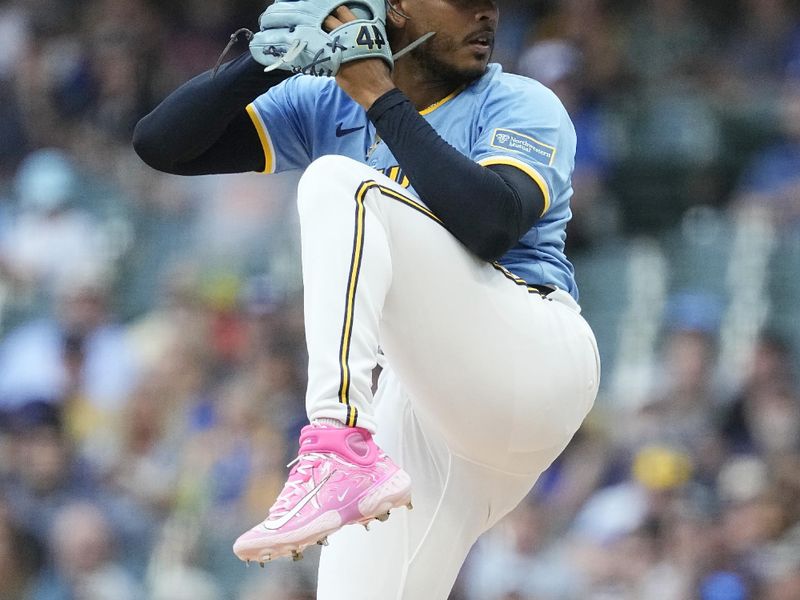 Jul 12, 2024; Milwaukee, Wisconsin, USA;  Milwaukee Brewers pitcher Freddy Peralta (51) throws a pitch during the first inning against the Washington Nationals at American Family Field. Mandatory Credit: Jeff Hanisch-USA TODAY Sports