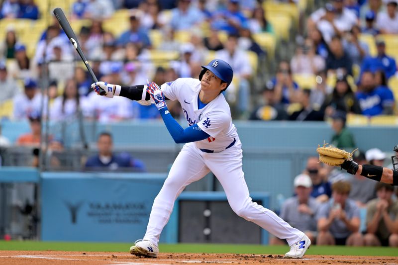 Jun 2, 2024; Los Angeles, California, USA;  Los Angeles Dodgers designated hitter Shohei Ohtani (17) at bat in the first inning against the Colorado Rockies at Dodger Stadium. Mandatory Credit: Jayne Kamin-Oncea-USA TODAY Sports