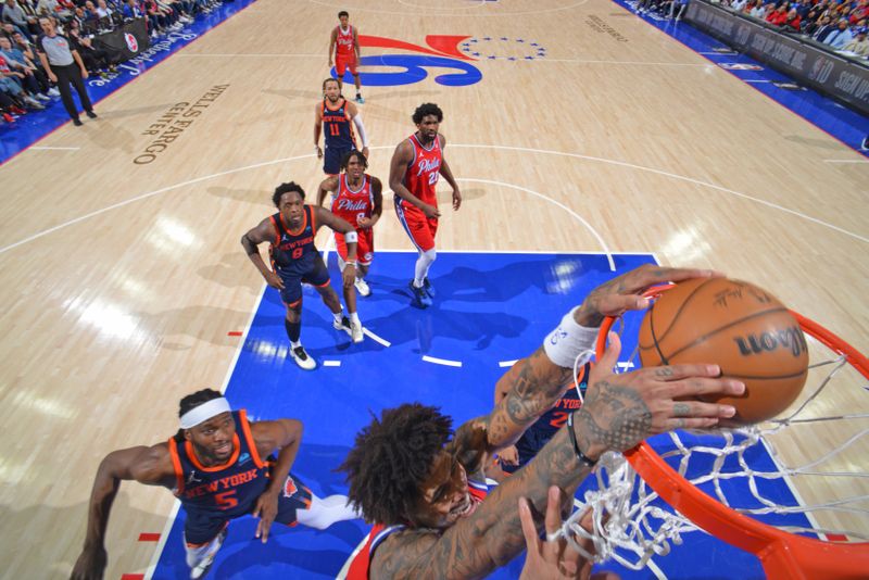 PHILADELPHIA, PA - APRIL 28: Kelly Oubre Jr. #9 of the Philadelphia 76ers dunks the ball during the game against the New York Knicks during Round 1 Game 4 of the 2024 NBA Playoffs on April 28, 2024 at the Wells Fargo Center in Philadelphia, Pennsylvania NOTE TO USER: User expressly acknowledges and agrees that, by downloading and/or using this Photograph, user is consenting to the terms and conditions of the Getty Images License Agreement. Mandatory Copyright Notice: Copyright 2024 NBAE (Photo by Jesse D. Garrabrant/NBAE via Getty Images)