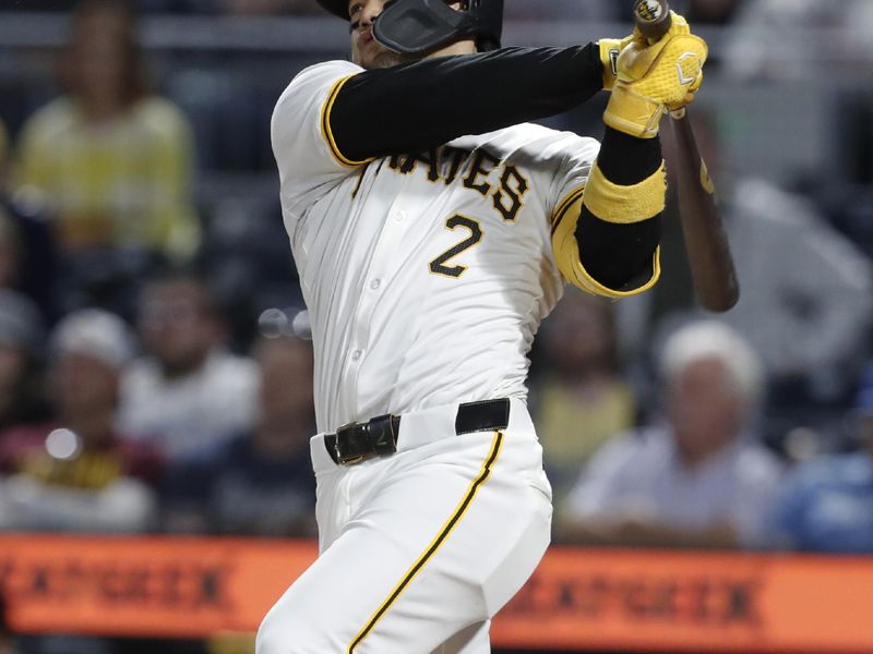 Apr 8, 2024; Pittsburgh, Pennsylvania, USA;  Pittsburgh Pirates right fielder Connor Joe hits an RBI double against the Detroit Tigers during the fifth inning at PNC Park. Mandatory Credit: Charles LeClaire-USA TODAY Sports