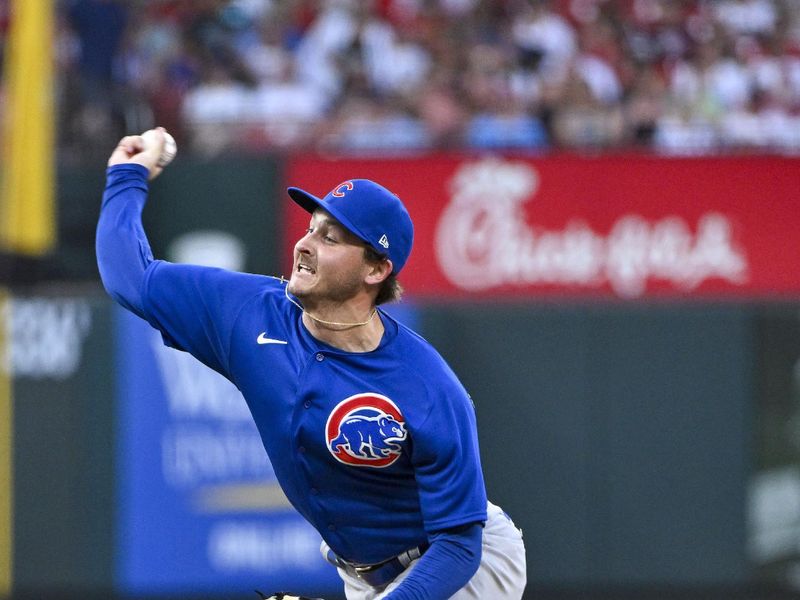 Jul 28, 2023; St. Louis, Missouri, USA;  Chicago Cubs starting pitcher Hayden Wesneski (19) pitches against the St. Louis Cardinals during the first inning at Busch Stadium. Mandatory Credit: Jeff Curry-USA TODAY Sports