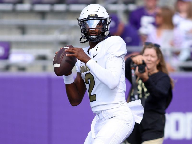 Sep 2, 2023; Fort Worth, Texas, USA; Colorado Buffaloes quarterback Shedeur Sanders (2) throws a pass during warmups before the game against the TCU Horned Frogs at Amon G. Carter Stadium. Mandatory Credit: Tim Heitman-USA TODAY Sports