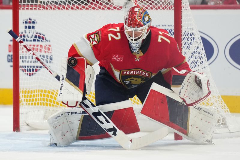 Oct 19, 2024; Sunrise, Florida, USA;  Florida Panthers goaltender Sergei Bobrovsky (72) makes a blocker save against the Vegas Golden Knights during the first period at Amerant Bank Arena. Mandatory Credit: Jim Rassol-Imagn Images