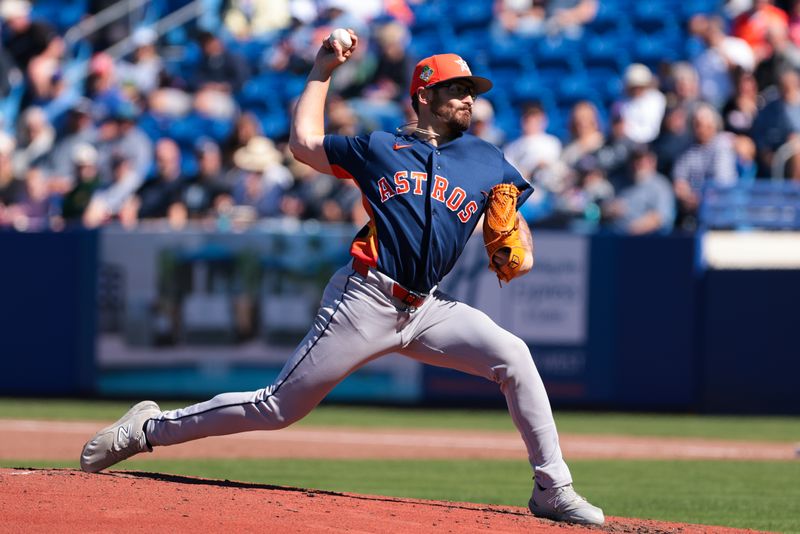 Feb 24, 2026; Port St. Lucie, Florida, USA; Houston Astros relief pitcher J.P. France delivers a pitch against the New York Mets during the second inning at Clover Park. Mandatory Credit: Sam Navarro-Imagn Images