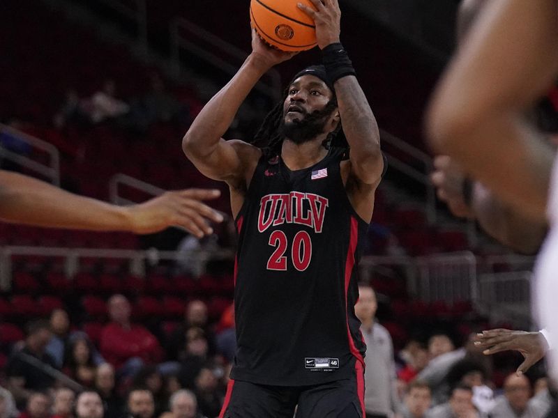 Feb 14, 2024; Fresno, California, USA; UNLV Rebels forward Keylan Boone (20) shoots the ball against the Fresno State Bulldogs in the first half at the Save Mart Center. Mandatory Credit: Cary Edmondson-USA TODAY Sports