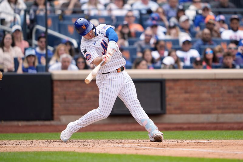 Jun 1, 2025; New York City, New York, USA; New York Mets first baseman Pete Alonso (20) hits a three run home run against the Colorado Rockies during the fourth inning at Citi Field. Mandatory Credit: Gregory Fisher-Imagn Images