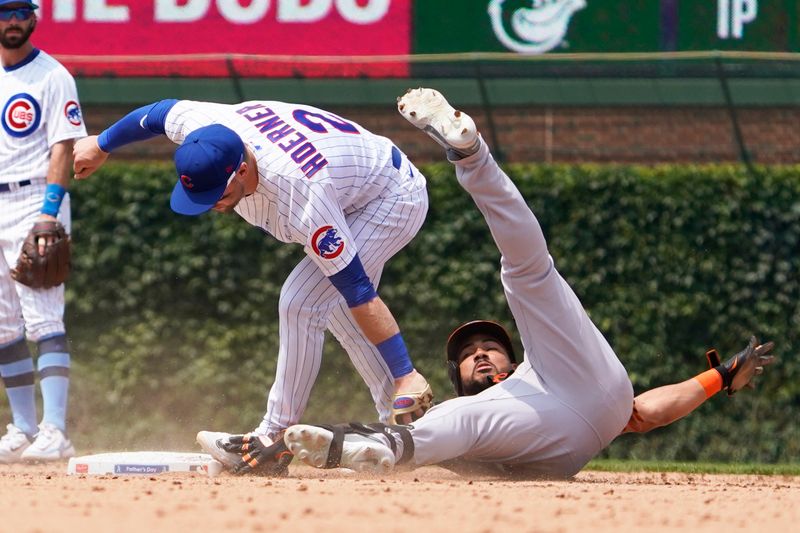 Jun 18, 2023; Chicago, Illinois, USA;Baltimore Orioles designated hitter Anthony Santander (25) is tagged out at second base by Chicago Cubs second baseman Nico Hoerner (2) during the seventh inning at Wrigley Field. Mandatory Credit: David Banks-USA TODAY Sports