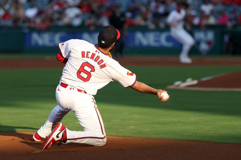 Jul 25, 2024; Anaheim, California, USA;  Los Angeles Angels third baseman Anthony Rendon (6) throws a ball to first base during the second inning against the Oakland Athletics at Angel Stadium. Mandatory Credit: Kiyoshi Mio-USA TODAY Sports