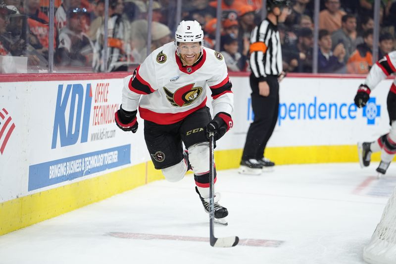 Nov 8, 2025; Philadelphia, Pennsylvania, USA; Ottawa Senators defenseman Nick Jensen (3) in action against the Philadelphia Flyers in the second period at Xfinity Mobile Arena. Mandatory Credit: Kyle Ross-Imagn Images