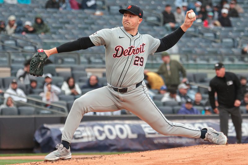 May 5, 2024; Bronx, New York, USA; Detroit Tigers starting pitcher Tarik Skubal (29) delivers a pitch during the first inning against the New York Yankees at Yankee Stadium. Mandatory Credit: Vincent Carchietta-USA TODAY Sports