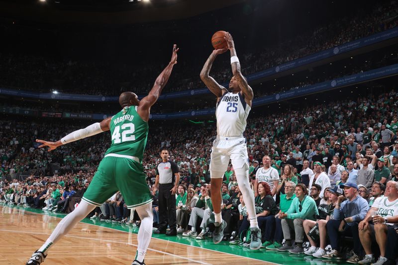 BOSTON, MA - JUNE 17: PJ Washington #25 of the Dallas Mavericks shoots a three point basket during the game  against the Boston Celtics during Game 5 of the 2024 NBA Finals on June 17, 2024 at the TD Garden in Boston, Massachusetts. NOTE TO USER: User expressly acknowledges and agrees that, by downloading and or using this photograph, User is consenting to the terms and conditions of the Getty Images License Agreement. Mandatory Copyright Notice: Copyright 2024 NBAE  (Photo by Nathaniel S. Butler/NBAE via Getty Images)