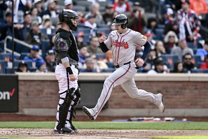 May 11, 2024; New York City, New York, USA; Atlanta Braves third baseman Austin Riley (27) scores a run on a RBI single by Atlanta Braves outfielder Michael Harris II (not pictured) during the fourth inning against the New York Mets at Citi Field. Mandatory Credit: John Jones-USA TODAY Sports