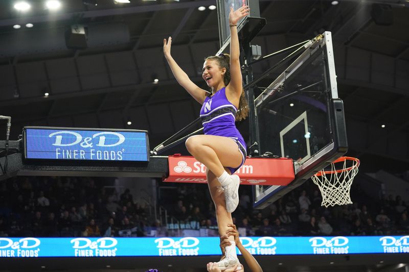Jan 29, 2026; Evanston, Illinois, USA; A Northwestern Wildcat cheerleader during the second half at Welsh-Ryan Arena. Mandatory Credit: David Banks-Imagn Images