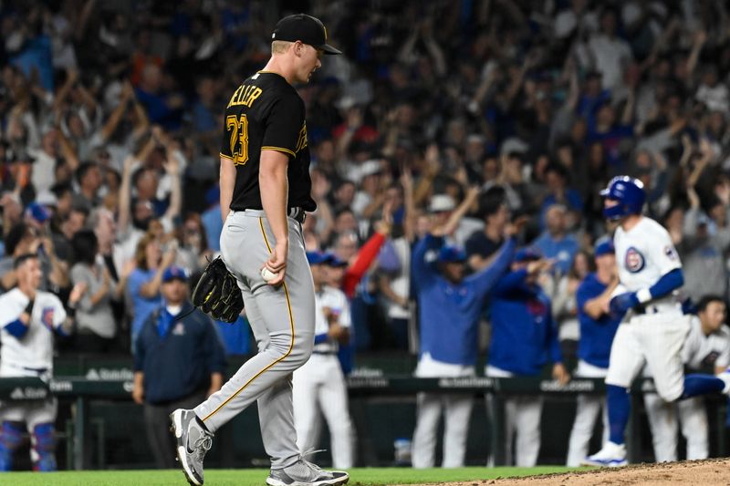 Sep 20, 2023; Chicago, Illinois, USA; Pittsburgh Pirates starting pitcher Mitch Keller (23) after Chicago Cubs left fielder Ian Happ (8) hits a grand slam against the Pittsburgh Pirates during the fifth inning at Wrigley Field. Mandatory Credit: Matt Marton-USA TODAY Sports