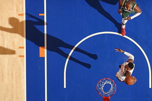 NEW YORK, NY - DECEMBER 25: RJ Barrett #9 of the New York Knicks dunks the ball during the game against the Milwaukee Bucks on December 25, 2023 at Madison Square Garden in New York City, New York.  NOTE TO USER: User expressly acknowledges and agrees that, by downloading and or using this photograph, User is consenting to the terms and conditions of the Getty Images License Agreement. Mandatory Copyright Notice: Copyright 2023 NBAE  (Photo by Nathaniel S. Butler/NBAE via Getty Images)