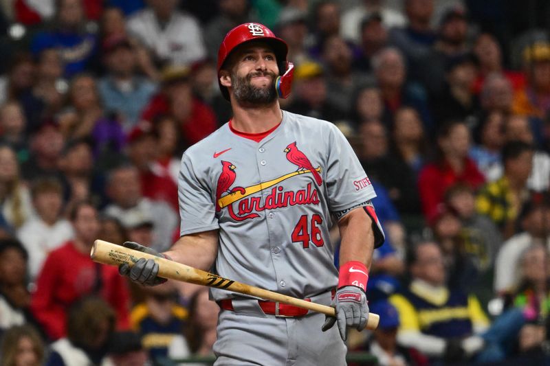 May 11, 2024; Milwaukee, Wisconsin, USA; St. Louis Cardinals first baseman Paul Goldschmidt (46) reacts after fouling off a pitch against the Milwaukee Brewers in the fifth inning at American Family Field. Mandatory Credit: Benny Sieu-USA TODAY Sports