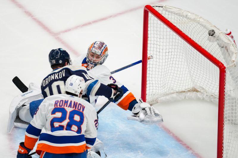 Apr 4, 2024; Columbus, Ohio, USA;  New York Islanders goaltender Ilya Sorokin (30) is unable to make a save on a goal scored by Columbus Blue Jackets left wing Dmitri Voronkov (10) in the first period at Nationwide Arena. Mandatory Credit: Aaron Doster-USA TODAY Sports