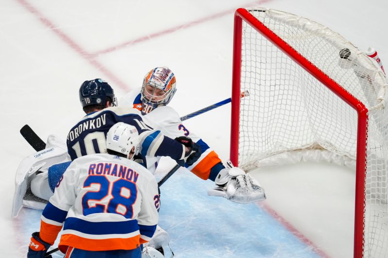 Apr 4, 2024; Columbus, Ohio, USA;  New York Islanders goaltender Ilya Sorokin (30) is unable to make a save on a goal scored by Columbus Blue Jackets left wing Dmitri Voronkov (10) in the first period at Nationwide Arena. Mandatory Credit: Aaron Doster-USA TODAY Sports