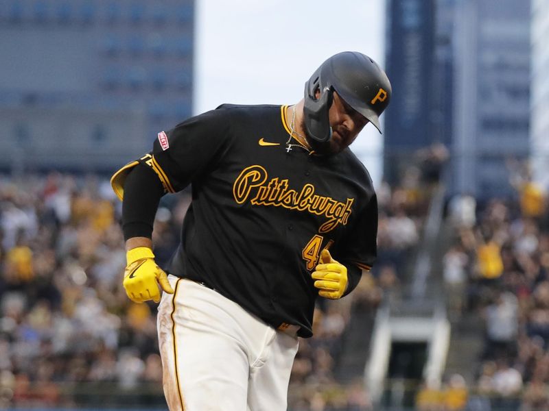 Jul 3, 2024; Pittsburgh, Pennsylvania, USA;  Pittsburgh Pirates first baseman Rowdy Tellez (44) circles the bases on a solo home run against the St. Louis Cardinals during the seventh inning at PNC Park. Mandatory Credit: Charles LeClaire-USA TODAY Sports