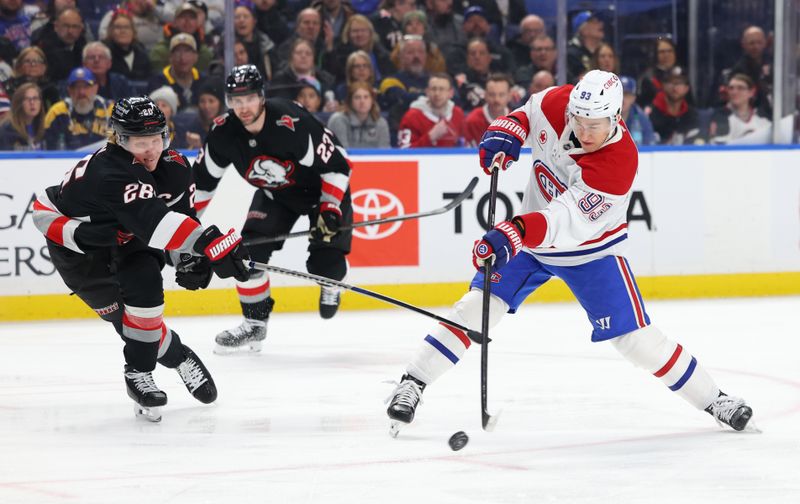 Jan 15, 2026; Buffalo, New York, USA;  Buffalo Sabres defenseman Rasmus Dahlin (26) tries to block a shot by Montréal Canadiens right wing Ivan Demidov (93) during the first period at KeyBank Center. Mandatory Credit: Timothy T. Ludwig-Imagn Images