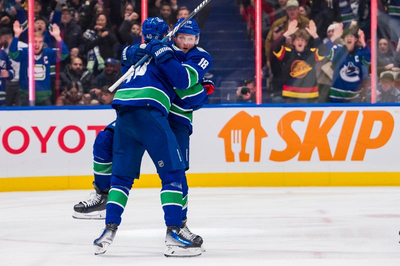 Dec 9, 2023; Vancouver, British Columbia, CAN; Vancouver Canucks forward Sam Lafferty (18) and forward Elias Pettersson (40) celebrate Pettersson   s goall against the Carolina Hurricanes in the third period at Rogers Arena. Vancouver won 4-3. Mandatory Credit: Bob Frid-USA TODAY Sports