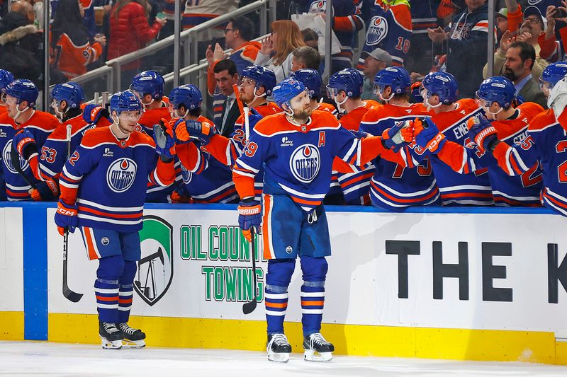Jan 10, 2026; Edmonton, Alberta, CAN; The Edmonton Oilers celebrate a goal scored by forward Leon Draisaitl (29) during the second period against the Los Angelos Kings at Rogers Place. Mandatory Credit: Perry Nelson-Imagn Images