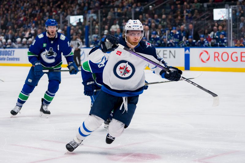 Mar 9, 2024; Vancouver, British Columbia, CAN; Winnipeg Jets forward Kyle Connor (81) skates against the Vancouver Canucks in the third period at Rogers Arena. Canucks won 5-0. Mandatory Credit: Bob Frid-USA TODAY Sports