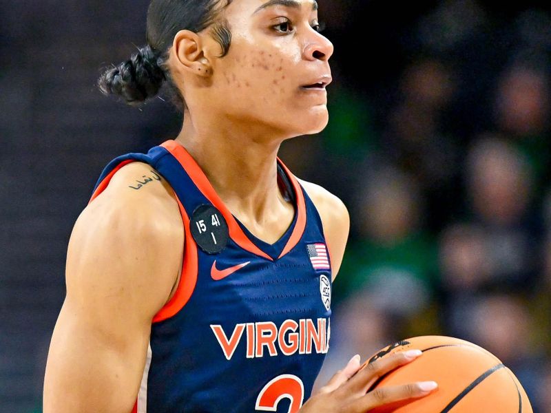 Jan 22, 2023; South Bend, Indiana, USA; Virginia Cavaliers guard Taylor Valladay (2) looks to pass in the first half against the Notre Dame Fighting Irish at the Purcell Pavilion. Mandatory Credit: Matt Cashore-USA TODAY Sports