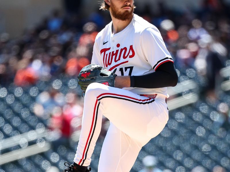 May 8, 2025; Minneapolis, Minnesota, USA; Minnesota Twins pitcher Bailey Ober (17) delivers a pitch against the Baltimore Orioles during the first inning at Target Field. Mandatory Credit: Matt Krohn-Imagn Images