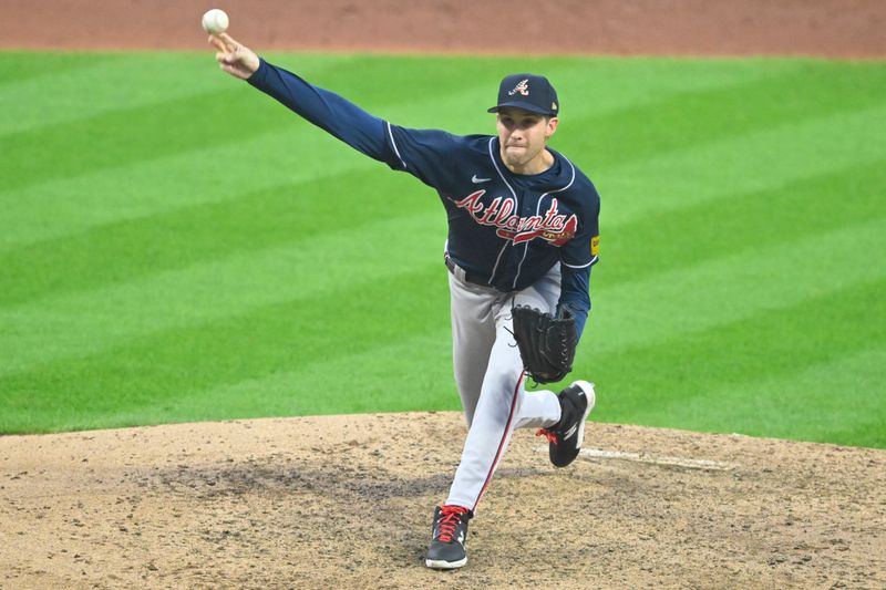 Jul 4, 2023; Cleveland, Ohio, USA; Atlanta Braves relief pitcher Collin McHugh (32) delivers a pitch in the the sixth inning against the Cleveland Guardians at Progressive Field. Mandatory Credit: David Richard-USA TODAY Sports