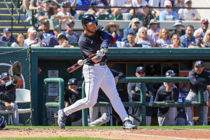 Feb 24, 2024; Lakeland, Florida, USA; Detroit Tigers right fielder Matt Vierling (8) bats during the second inning against the New York Yankees at Publix Field at Joker Marchant Stadium. Mandatory Credit: Mike Watters-USA TODAY Sports