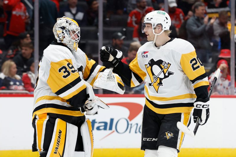 Apr 4, 2024; Washington, District of Columbia, USA; Pittsburgh Penguins center Lars Eller (20) celebrates with Penguins goaltender Alex Nedeljkovic (39) after scoring an empty net goal against the Washington Capitals in the third period at Capital One Arena. Mandatory Credit: Geoff Burke-USA TODAY Sports