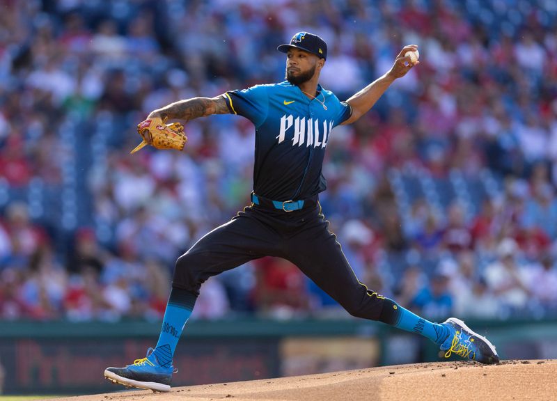 Jun 28, 2024; Philadelphia, Pennsylvania, USA; Philadelphia Phillies pitcher Cristopher Sánchez (61) throws a pitch during the first inning against the Miami Marlins at Citizens Bank Park. Mandatory Credit: Bill Streicher-USA TODAY Sports