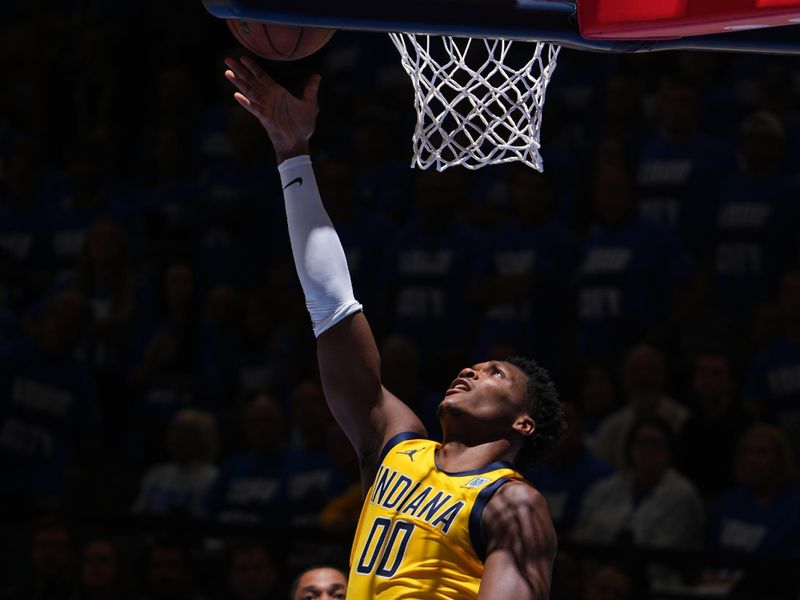OKLAHOMA CITY, OK - JUNE 8: Bennedict Mathurin #00 of the Indiana Pacers drives to the basket during the game against the Oklahoma City Thunder during Game One of the 2025 NBA Finals on June 8, 2025 at Paycom Center in Oklahoma City, Oklahoma. NOTE TO USER: User expressly acknowledges and agrees that, by downloading and or using this photograph, User is consenting to the terms and conditions of the Getty Images License Agreement. Mandatory Copyright Notice: Copyright 2025 NBAE (Photo byGarrett Ellwood /NBAE via Getty Images)