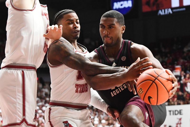 Feb 17, 2024; Tuscaloosa, Alabama, USA;  Texas A&M Aggies forward Henry Coleman III (15) drives to the basket against Alabama Crimson Tide guard Latrell Wrightsell Jr. (12) during the first half at Coleman Coliseum. Mandatory Credit: Gary Cosby Jr.-USA TODAY Sports