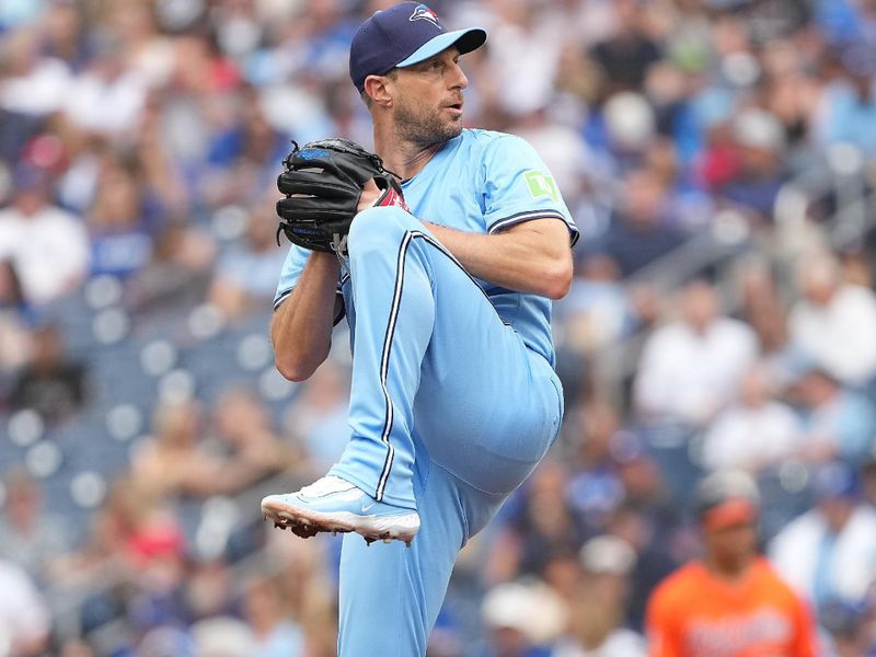 Sep 13, 2025; Toronto, Ontario, CAN; Toronto Blue Jays starting pitcher Max Scherzer (31) throws a pitch against the Baltimore Orioles during the first inning at Rogers Centre. Mandatory Credit: Nick Turchiaro-Imagn Images