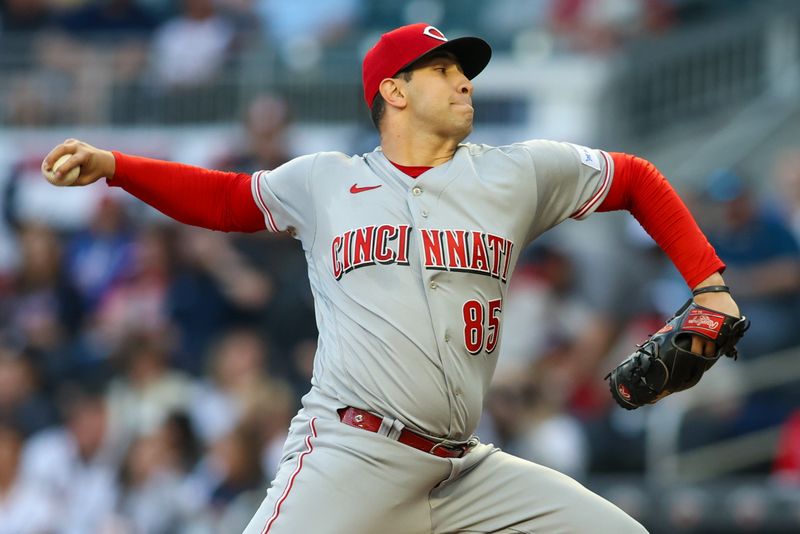 Apr 11, 2023; Atlanta, Georgia, USA; Cincinnati Reds starting pitcher Luis Cessa (85) throws against the Atlanta Braves in the first inning at Truist Park. Mandatory Credit: Brett Davis-USA TODAY Sports