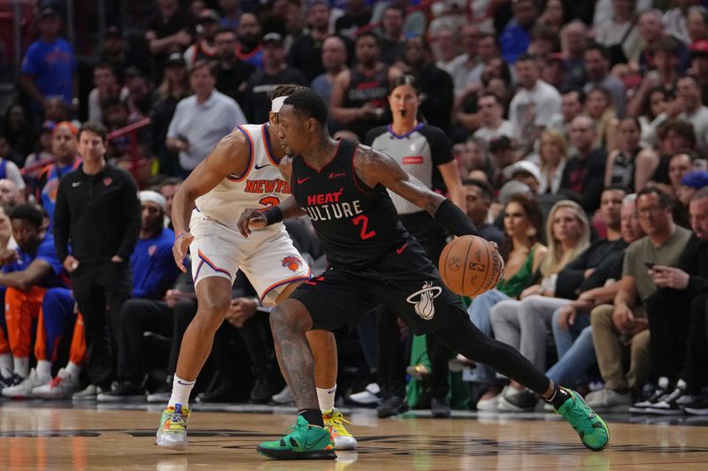 MIAMI, FL - APRIL 2: Terry Rozier #2 of the Miami Heat dribbles the ball during the game against the New York Knicks on April 2, 2024 at Kaseya Center in Miami, Florida. NOTE TO USER: User expressly acknowledges and agrees that, by downloading and or using this Photograph, user is consenting to the terms and conditions of the Getty Images License Agreement. Mandatory Copyright Notice: Copyright 2024 NBAE (Photo by Eric Espada/NBAE via Getty Images)