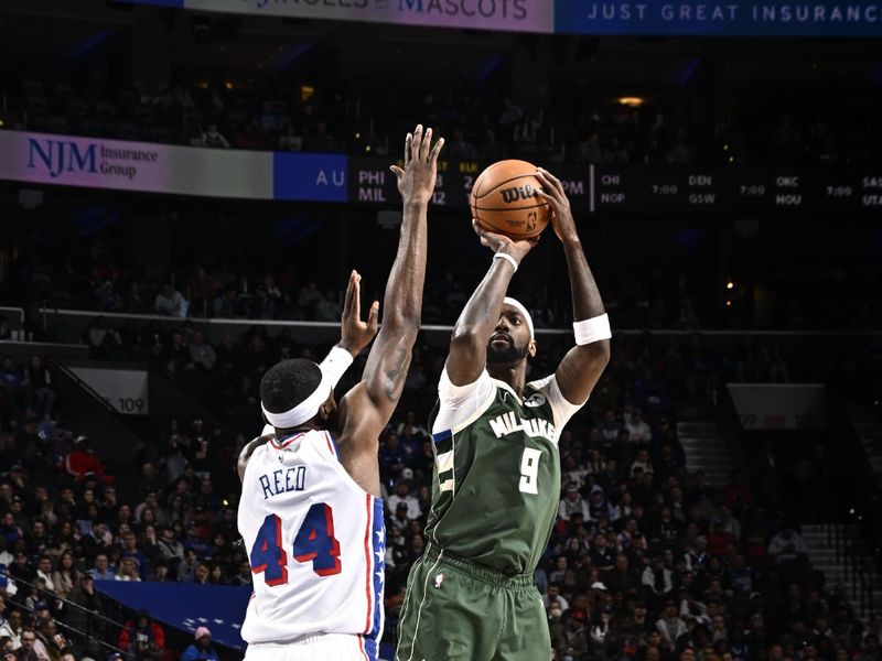 PHILADELPHIA, PA - FEBRUARY 25: Bobby Portis #9 of the Milwaukee Bucks shoots the ball during the game against the Philadelphia 76ers on February 25, 2024 at the Wells Fargo Center in Philadelphia, Pennsylvania NOTE TO USER: User expressly acknowledges and agrees that, by downloading and/or using this Photograph, user is consenting to the terms and conditions of the Getty Images License Agreement. Mandatory Copyright Notice: Copyright 2024 NBAE (Photo by David Dow/NBAE via Getty Images)