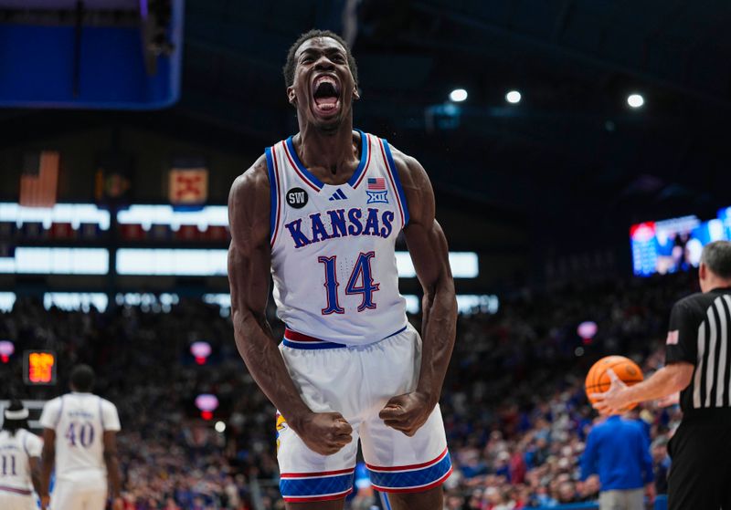 Jan 31, 2026; Lawrence, Kansas, USA; Kansas Jayhawks guard Melvin Council Jr. (14) celebrates against the BYU Cougars at Allen Fieldhouse. Mandatory Credit: Jay Biggerstaff-Imagn Images