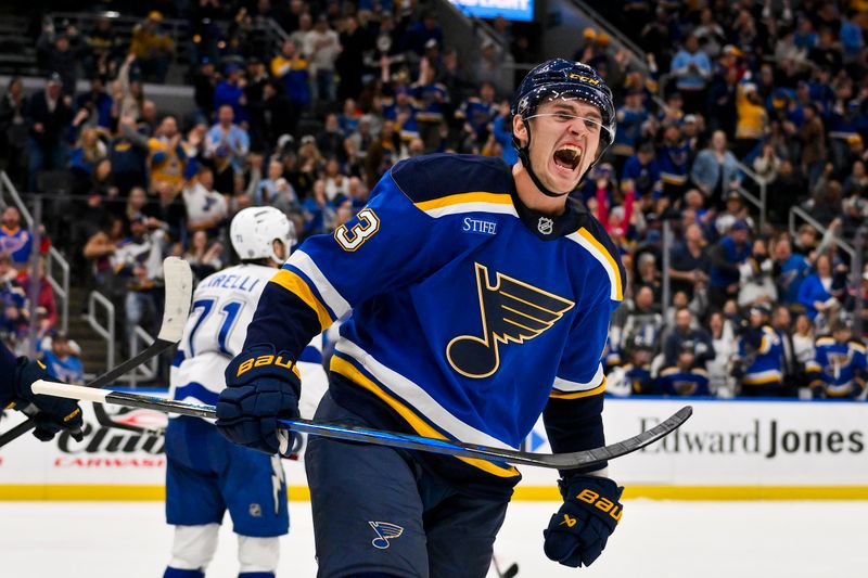 Nov 5, 2024; St. Louis, Missouri, USA;  St. Louis Blues right wing Alexey Toropchenko (13) reacts after scoring against the Tampa Bay Lightning during the second period at Enterprise Center. Mandatory Credit: Jeff Curry-Imagn Images